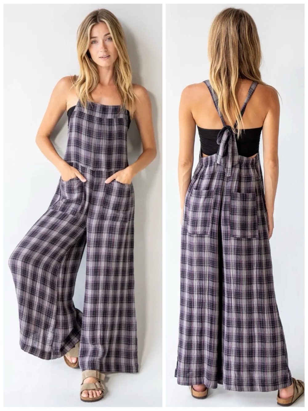 NATURAL LIFE Women’s Size S Black & Purple Plaid Dakota Wide Leg Overalls